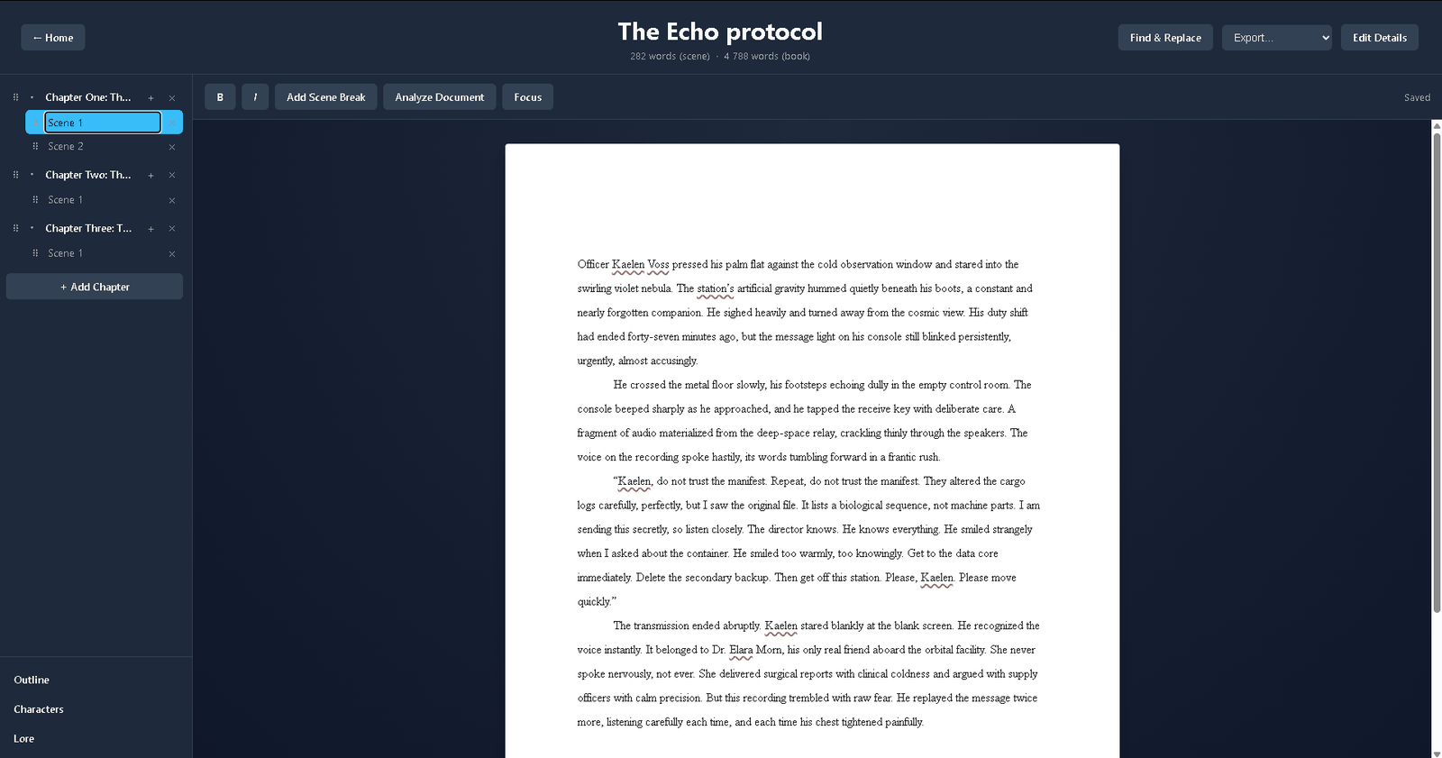 Quillen manuscript editor showing automatic industry-standard formatting